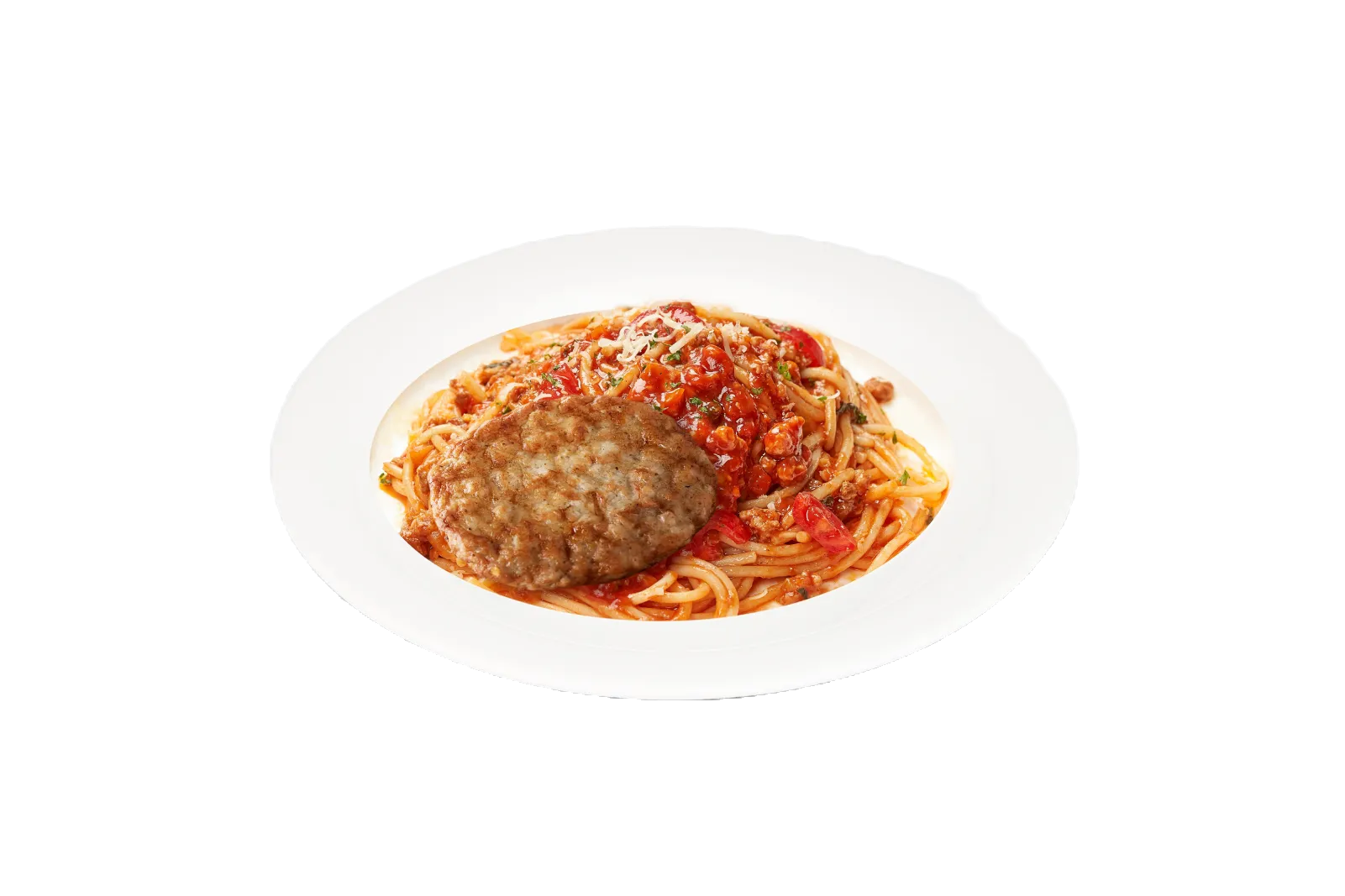 燴鮮茄肉醬漢堡扒意粉. Spaghetti bolognese with hamburger steak